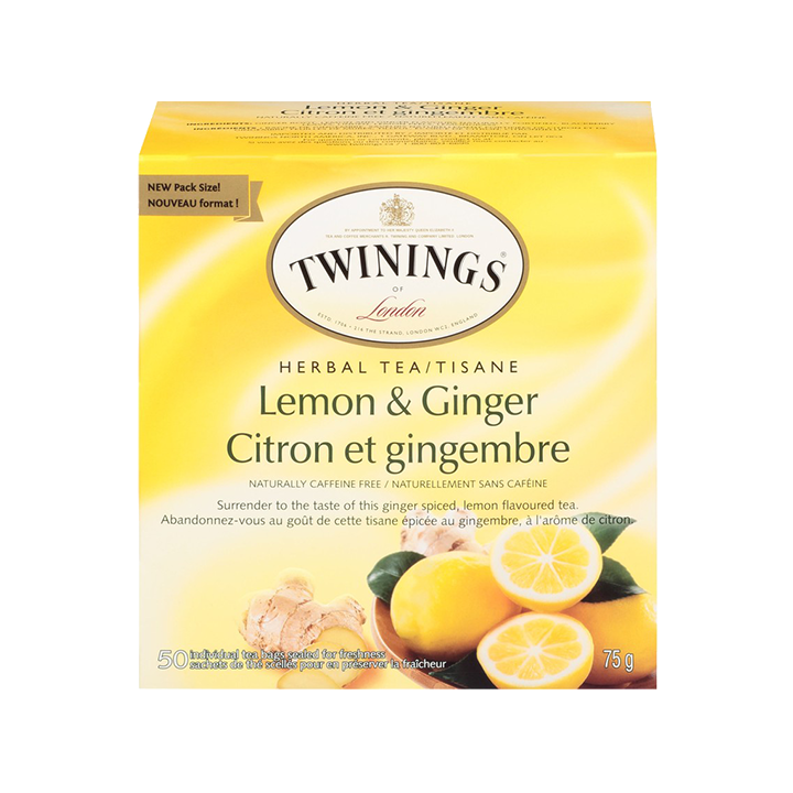Twinings Lemon & Ginger Herbal Tea – 50 Count, Caffeine Free, All-Natural Infusion